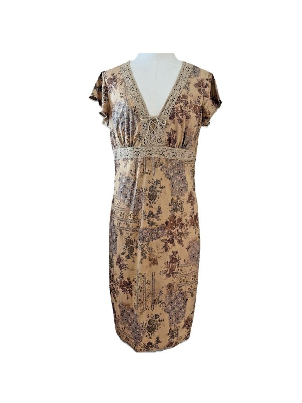 VTG Y2K Faded Glory Babydoll Floral Dress Size M 8-19 Crochet Trim Forest Fairy